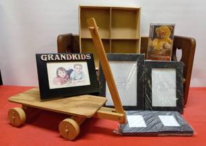 lot 62 image: Wooden Childrens Bench & Wagon, Also Multiple Size Picture Frames