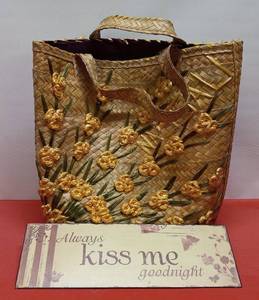 lot 64 image: Large Bamboo Bag, (15-12X 17) & Metal Sign, (15-1X 5)