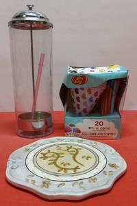 lot 65 image: Jelly Belly Snow Cone Cups & Straws, (20ct.), Straw Holder & California Pantry Ceramic Plate.