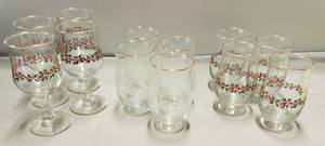 lot 167 image: 3 Sets of 4, Festive Holiday Glasses WGold Trim, (One Set has a BEAUTIFUL Frosted Scene)