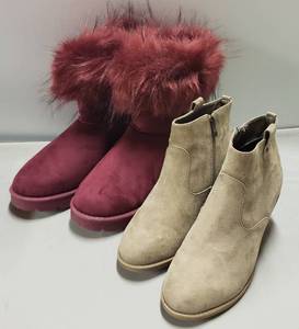 lot 168 image: Burgundy, Fluffy, Rouge Boots,(Sz.10) & Tan Colored Jessica Cline, Zip Up Boots, (Sz. 8-12)