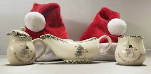 lot 172 image: Winter- Snowman, Gravy Boat, Sugar & Creamer Set & Santa Hats