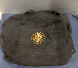 lot 215 image: Large Black Duffel Bag, United States Army Logo, has white paint spots, 2 Small Bags 1 Black With V.A. Medical Center Logo. 1 Blue Small Bag