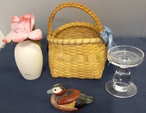 lot 216 image: Lighted Small White Vase With Rose, Glass Candle Holder, Decorative Basket, Decorative Duck
