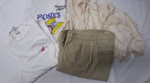lot 323 image: Womens Size 12 TanKhaki Pants, Sheer Peach Shrug, 2 Tshirts