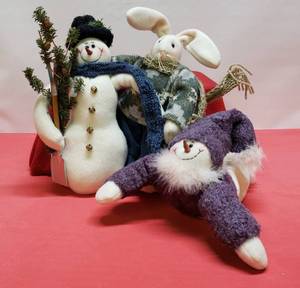 lot 14 image: SUPER CUTE, Stuffed, Seasonal Decor #1, (Snowman & Bunny 12 & Sledding Snowman 10)