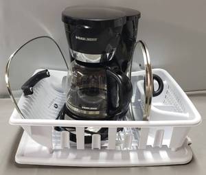 lot 77 image: Black & Decker 12 Cup Coffee Pot, Dish Drainer & LG. Lids to Pots, For Pressure Cooking