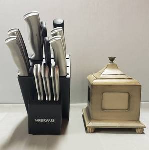 lot 88 image: Hobby Lobby BoxPicture Frame, (Lid has small crack & missing 1 leg. All shown in photos) & Farberware Knife Set