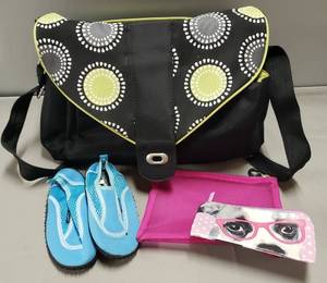 lot 90 image: Multiple Carrying Bags, (Lg. bag is Carters) & Childrens Aqua Socks, Sz. 6, (Appear to be brand new)