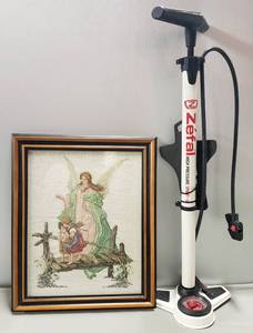 lot 93 image: Hand Cross Stiched Picture & Zefal High Pressure Sport G Air Pump