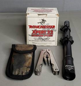 lot 99 image: 149-Winchester, XPert 22, Hollow Point Bullets, Glenfield 4X5 Opti-Centered, Coated Gun Scope & Multi-Tool WCase