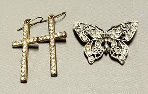 lot 114 image: Cross Earrings, (For Pierced ears) & Butterfly Pendant- Costume Jewelry
