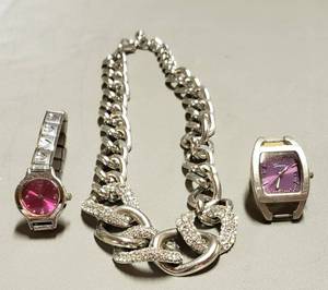 lot 116 image: Silver & Diamond Necklace, (Costume Jewelry) & Geneva Watch Face & Quartz Watch, (Both Purple)