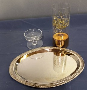 lot 226 image: Silver Color Serving Tray, Glass Candle Holder Wire Filled Glass Lamp