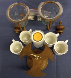 lot 227 image: Bed Post Heads, Bag of Plastic Snaps, Two Glass Candle Holders 1 Frosted Glass Candle holder 4 Coffee Cups