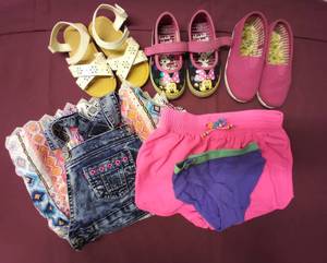 lot 330 image: Girls 45, Overalls Dress, Size S Knit Shorts, Size 4 Panties, Size 7-8 Shoes