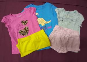 lot 332 image: Girls Size 3T Pink Tshirt, Blue Dinosaur Tshirt, Green Ruffly Shirt and 2 pr Shorts