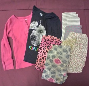 lot 335 image: Girls 3T Pink Thermal Shirt, Black Pear-fect Shirt and 5 pr Leggings, Gray w roses has spot on them