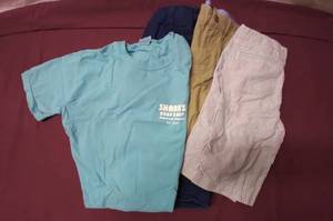 lot 338 image: Boys Size 10 Gray Striped Shorts, Size 12 Khaki and Dark Blue Shorts and Light Blue Tshirt