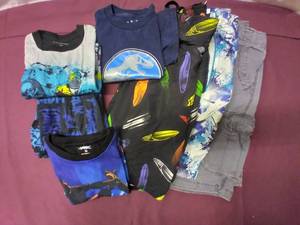 lot 340 image: Boys Size 12 Khaki Cargo Shorts, 2 Swim Trunks, Jurassic World Tshirts and Tony Hawk Pajamas