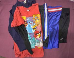 lot 341 image: Boys Size L Angry Birds Shirt, Blue Thermal and 3 pr Athletic Shorts