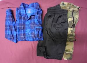 lot 344 image: Boys Size 12 Camo Cargo Shorts, Black Athletic Shorts and Cat and Jack, Blue Plaid Flannel