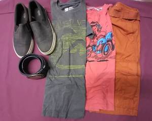 lot 345 image: Boys Size 14 R Dark Orange Cargo Shorts, 2 Tshirts, Size 8 Mossimo Shoes and Belt with Nice Belt Buckle