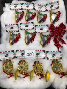 lot 1009 image: Mixed Lot of 12 Christmas Ornaments plastic music instruments bow red