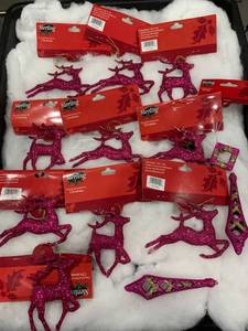 lot 1024 image: Mixed Lot of 12 Pink Glitter Reindeer and Jewel Christmas Ornaments