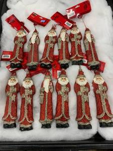 lot 1028 image: Lot of 12 Tall Wooden Santa Christmas Ornaments