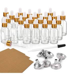 lot 11613 image: 24 Pcs, 1 oz Dropper Bottles (30ml) with 6 Funnels & 1 Long Dropper - Clear Glass Bottles for Essential Oils with Eye Droppers - Tincture Bottles, Leak Proof Travel Bottles for Liquids, Golden Cap