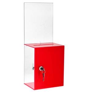 lot 11625 image: AdirOffice Tall Acrylic Locking Donation Charity Suggestion Box Red