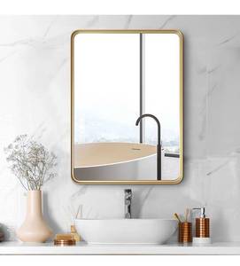 lot 11651 image: Modern Gold Bathroom Mirror for Wall 22x30, Large Rounded Rectangular Mirror with Corner Deep Design, Vertical or Horizontal Hanging Metal Frame Mirror, Wall Mirrors for Bedroom, Living Room