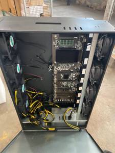 lot 11654 image: Cryptocurrency Mining Rig Frame 8 GPU Slots with 2000W Power Supply, 8 Fans Crypto Ethereum Miner Case with Barebone Motherboard for BTCETHZEC, Bitcoin Machine System with SSDRAM (Without GPU)