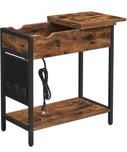 lot 11655 image: VASAGLE End Table with USB Ports & Power Outlets, Flip Top Side Table with Charging Station, Nightstand with Storage Shelf and Fabric Bag, for Living Room, Bedroom, Rustic Brown and Black ULET310B01V1