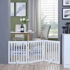 lot 11658 image: Unipaws Freestanding Wooden Dog Gate, Foldable Pet Gate with 2PCS Support Feet, Dog Barrier Indoor Pet Gate Panels for Stairs, 24 Inch Tall, 60 Inch Wide, White