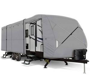 lot 11659 image: Leader Accessories Windproof Upgraded Extra Thick 4 Layers 24-27 Travel Trailer RV Cover Camper Cover with Adhesive Repair Patches