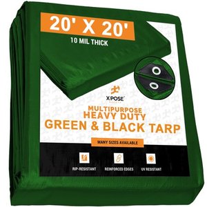 lot 11710 image: Heavy Duty Poly Tarp 20 Feet x 20 Feet 10 Mil Thick Waterproof, UV Blocking Protective Cover - Reversible Green and Black - Laminated Coating - Rustproof Grommets - by Xpose Safety