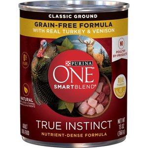 lot 11758 image: (12 Pack) Purina ONE Grain Free, Natural Pate Wet Dog Food, SmartBlend True Instinct With Real Turkey & Venison, 13 oz. Cans