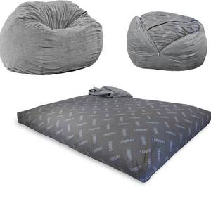 lot 15077 image: CORDAROYS YOUTH CHENILLE BEAN BAG THAT CONVERTS INTO A FULL SIZES BED GREY WHITE