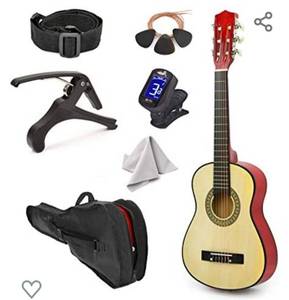 lot 596 image: 30 Left Handed Natural Wood Guitar With Case and Accessories for KidsBoysBeginners