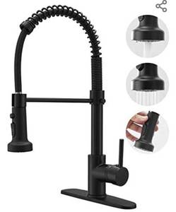 lot 597 image: BESy Commercial Kitchen Faucet with Pull Down Sprayer, Solid Brass High-Arc Single Handle Single Lever Spring Rv Kitchen Sink Faucet with Pull Out Sprayer, 3 Function Laundry Faucet, Matte Black