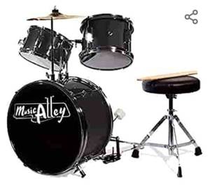 lot 618 image: Music Alley 3 Piece Kids Drum Set with Throne, Cymbal & Pedal Metallic Black, (DBJK02-BK) No Drumsticks