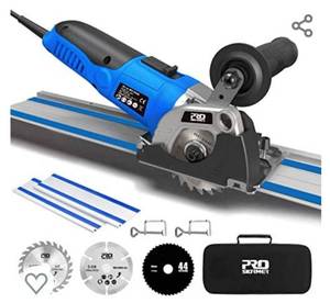 lot 697 image: Mini Circular Saw with Track, 3-38 6,500RPM Compact Circular Saw with 2 x 15 Guide Rails, Mini Plunge Cut Saw with 3 Saw Blades for Wood, Soft Metal, Tile and Plastic