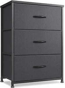 lot 6517 image: CubiCubi Bedroom Bedside Cabinet, Tall Fabric 3-Drawer Dresser Toddler Bedroom Storage Tower Storage Organizer Unit for Hallway Entry Cabinets, Wood Top with Steel Frame, Black Gray