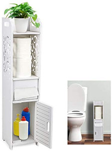 lot 6518 image: Gotega Small Corner Toilet Paper Storage Cabinet with Doors and Shelves, Carved Hollow Design, Bathroom Organizer, Corner Shelf for Toilet Paper Shampoo, White