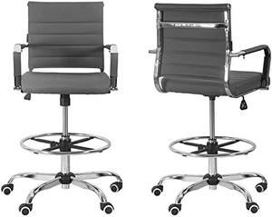 lot 6553 image: Drafting Chair Stool Office Ergonomic Footrest Leather �� Tall Arms Footrest Height Adjustable Mid-Back Tilt-Tension Control Rocker Lumbar Support Swivel Rolling Cushioned BIFMA (Grey, Ribbed Leather)