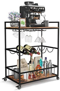 lot 6558 image: Industree Bar Cart, Metal Wood Kitchen Cart on Wheels with Handle Rack, 3 Tier Storage Shelves, Wintage Style Serving Cart with Wine Rack and Glass Holder