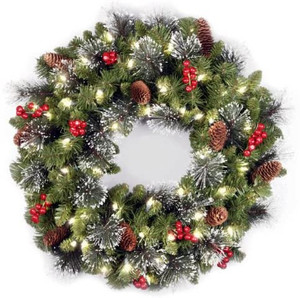lot 6574 image: National Tree Company 24 Crestwood Spruce Wreath With Silver Bristle, Pine Cones, Berries, Glitter & 50 Led Lights