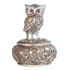 lot 7588 image: Silver and Gold Owl Round Jewelry Trinket Keepsake Box Bird Animal Decoration